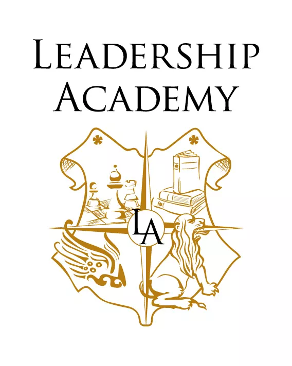 Illustrerad vapensköld och text "Leadership Academy". Logotyp.