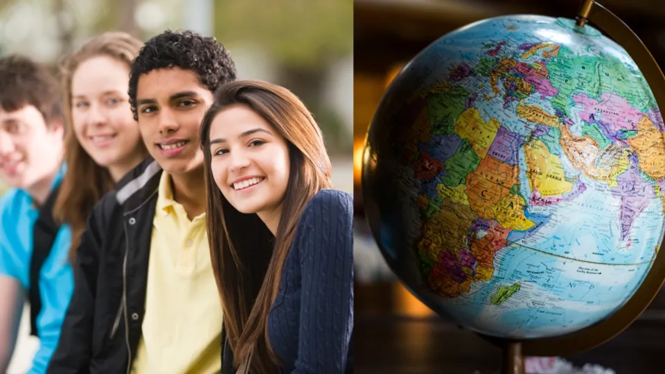 Collage med foto av människor och en jordglob