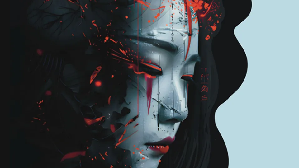 Ett stiliserat japanskt kvinnoansikte i svartvitt med olycksbådande röda blodstänksliknande effekter.