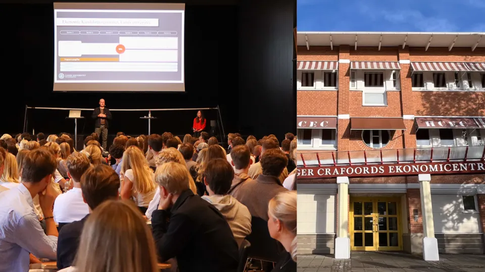 T.v. föreläsning i aula, t.h. fasad på byggnad Ekonomihögskolan. Bildkollage. 