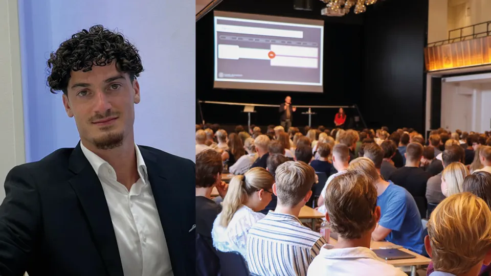 Porträttfoto och foto av föreläsning i aula. Kollage.