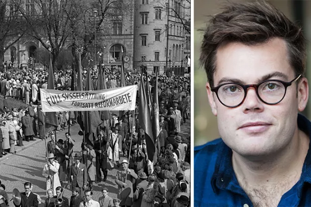 Kollage med en svartvit bild från första maj-demonstrastion samt porträttbild på Erik Bengtsson.
