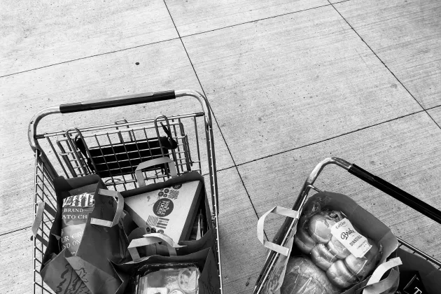 Kundvagnar med matvaror i. Svartvitt foto.