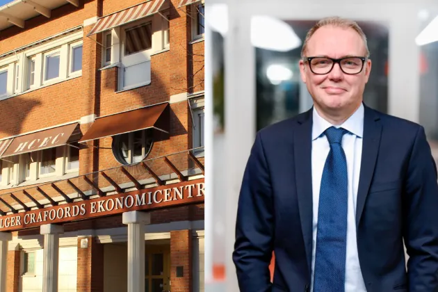 Fotomontage som visar en man och en byggnad