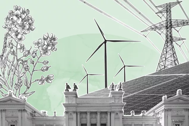 Grafisk illustration av Universitetsbyggnad med vindkraftverk och elledningar i bakgrunden. Grafisk illustration