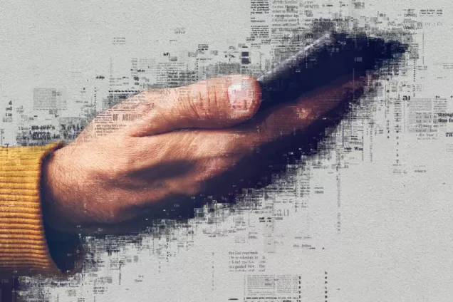 En grafisk bild av en hand som håller i en mobiltelefon