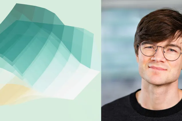 Montage of illustration and a photo of a man