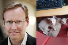Jörgen Hettne och katterna Bill & Bull som håller koll på kontoret i Skåne.