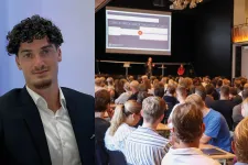 Porträttfoto och foto av föreläsning i aula. Kollage.