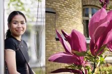 Ung kvinna i universitetsmiljö och magnolia i universitetsmiljö. Fotokollage.