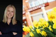 Blonde young woman, entrance to building with spring flowers in the forefront. Photo collage. 