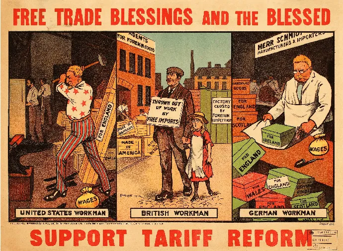 Propagandabild från tidigt 1900-tal som argumenterar för brittisk protektionism.
